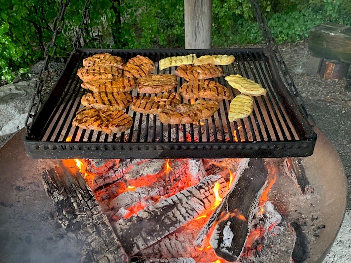 Feine Fleischstücke auf dem Grill über der glühenden Kohle