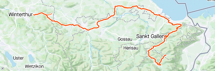 Die Strecke des ersten Tages von Elsau nach Gais auf der Karte